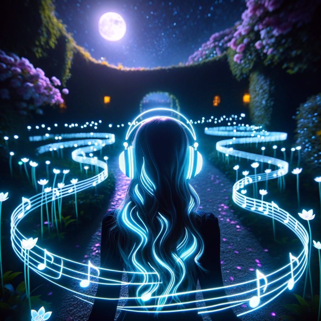 Girl Strolls Through Moonlit Garden with Bioluminescent Flow...