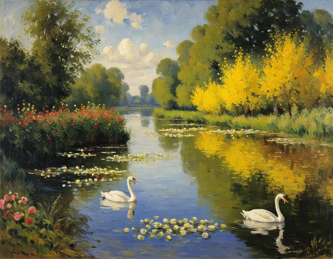 Lakeside Impression: Swans, Pears, and Wild Roses