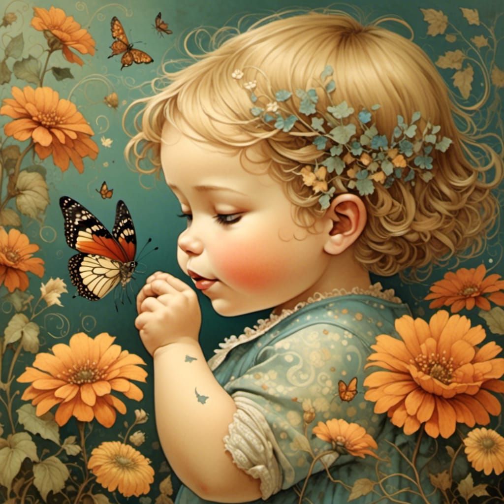 Toddler and Butterfly: A Whimsical Vintage Illustration