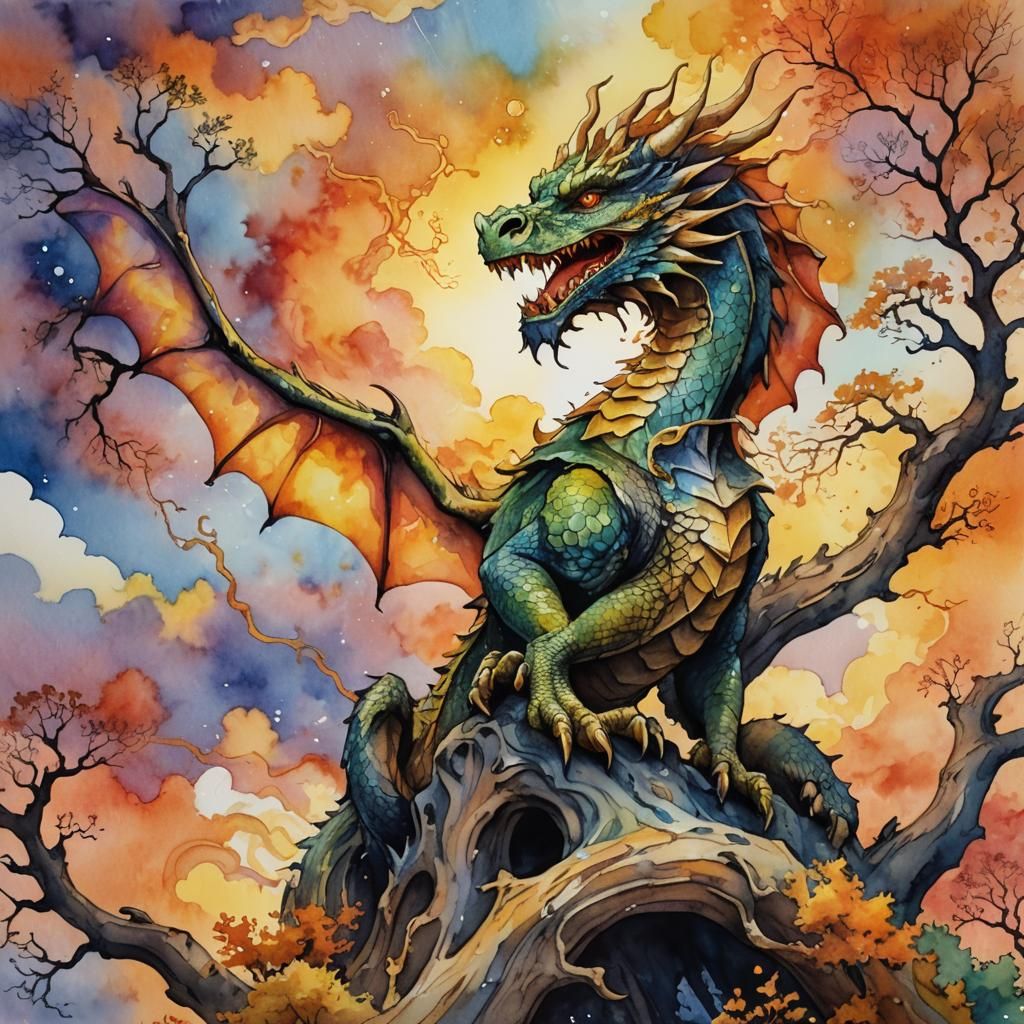 Dragon Perched on Mystical Tree in Watercolor