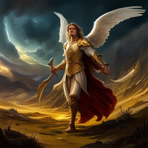 Golden Armored Angel Confronts Demon