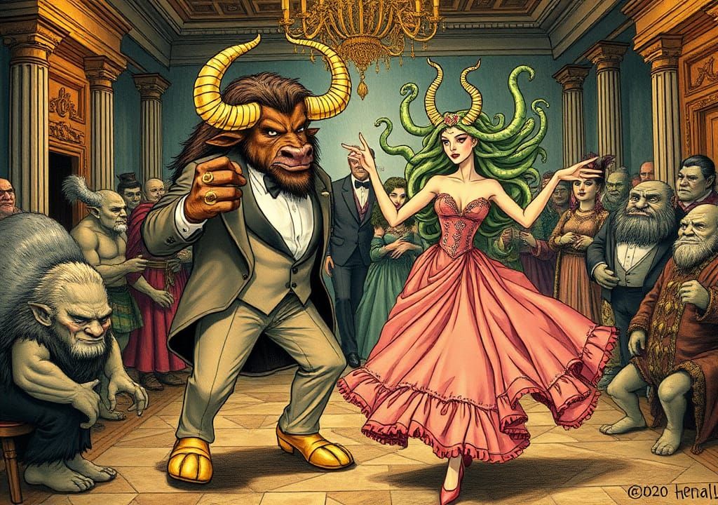 Minotaur and Medusa Monster Ball in Bemelmans Style