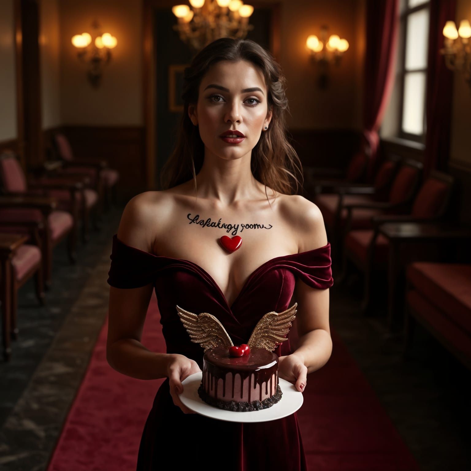 Elegant Woman in Burgundy Velvet Gown at Opera Foyer