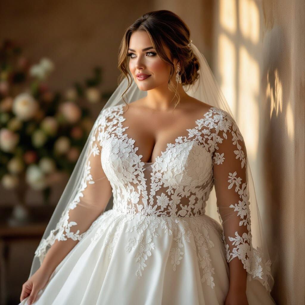 Elegant Plus-Size Bride in Floral Embroidered Wedding Dress