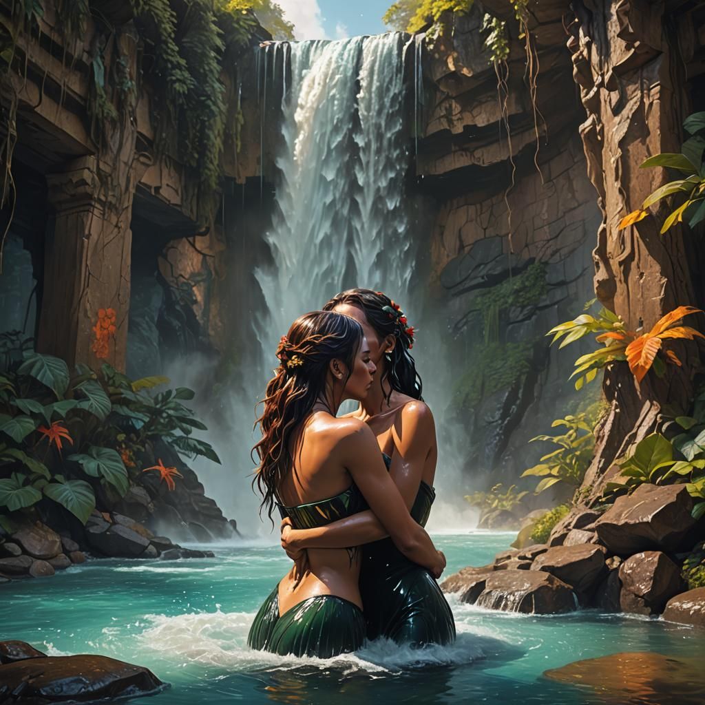 Passionate Kiss Under Waterfall: Detailed Digital Painting