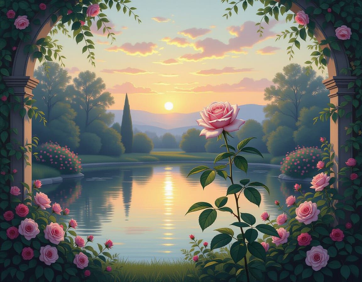 Tranquil Garden at Dusk with Blooming Rose, Realistic Painti...