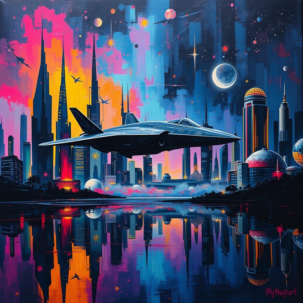 Abstract Spaceship Over Neon City, Impasto Style