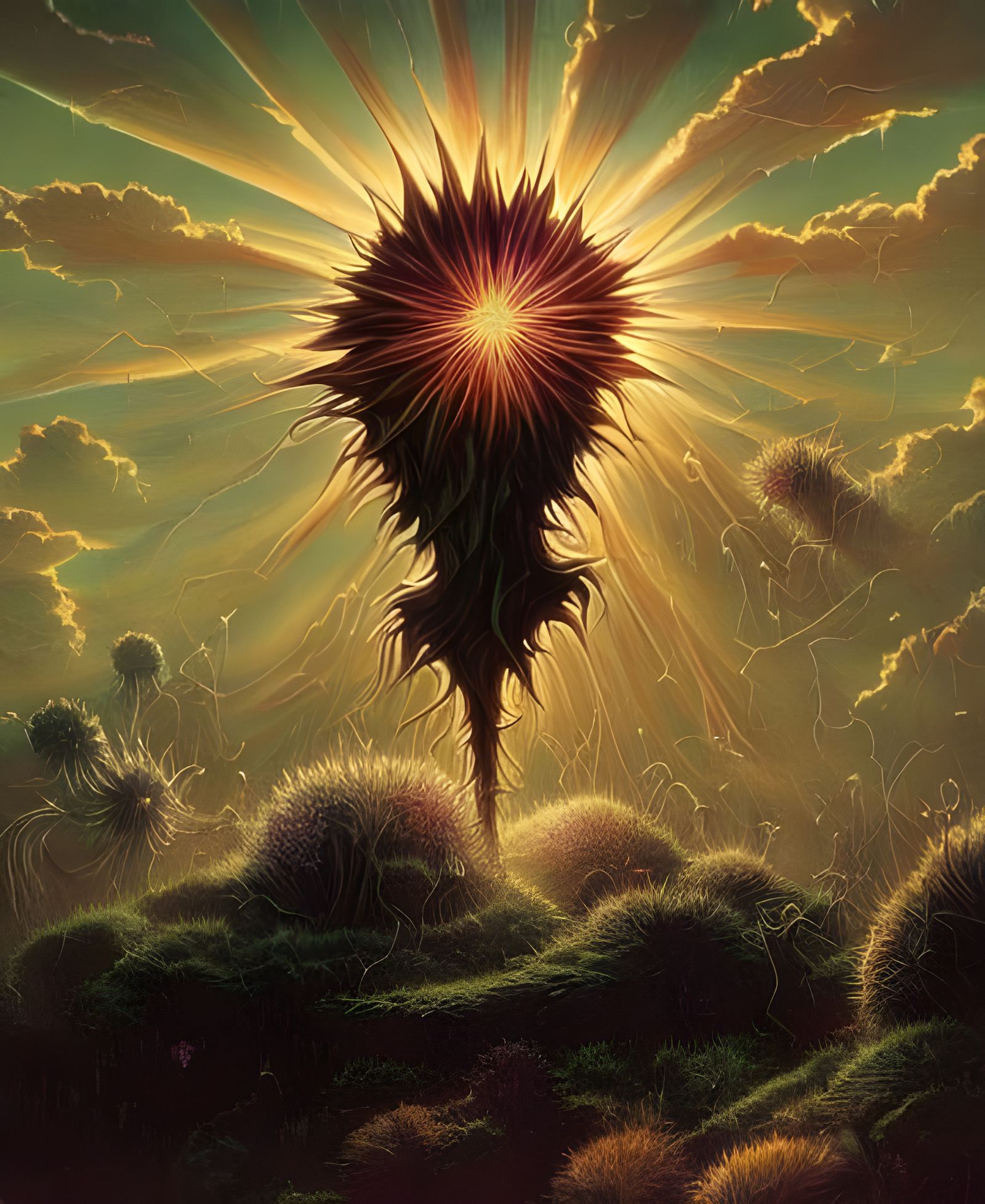 Celestial Thistle Down with God Rays: Surreal Photorealism