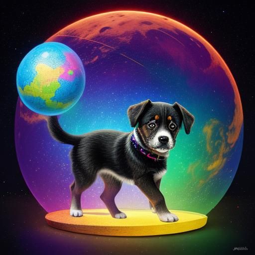 Puppy Playing Ball: Cosmic Holographic Illustration
