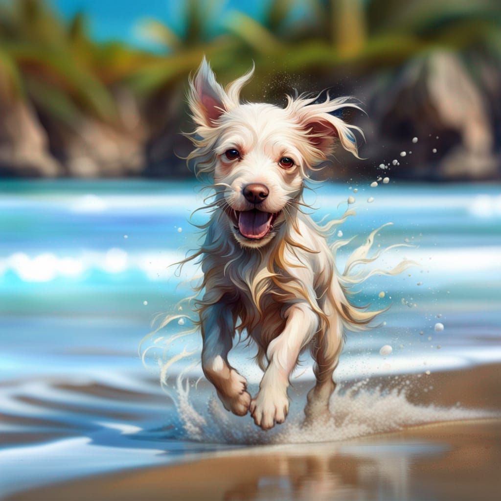 Hyperrealistic Puppy Portrait on a Sunny Beach