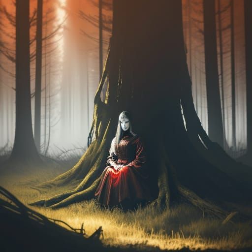 Eerie Forest Ghost Girl with Glowing Eyes in Cinematic Horro...