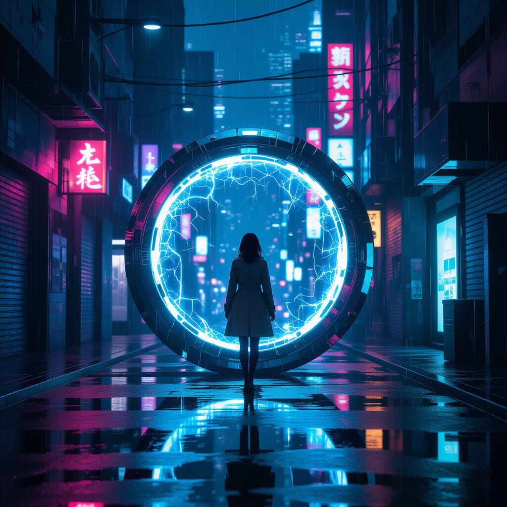 Cyberpunk Portal with Woman in Neon Alleyway