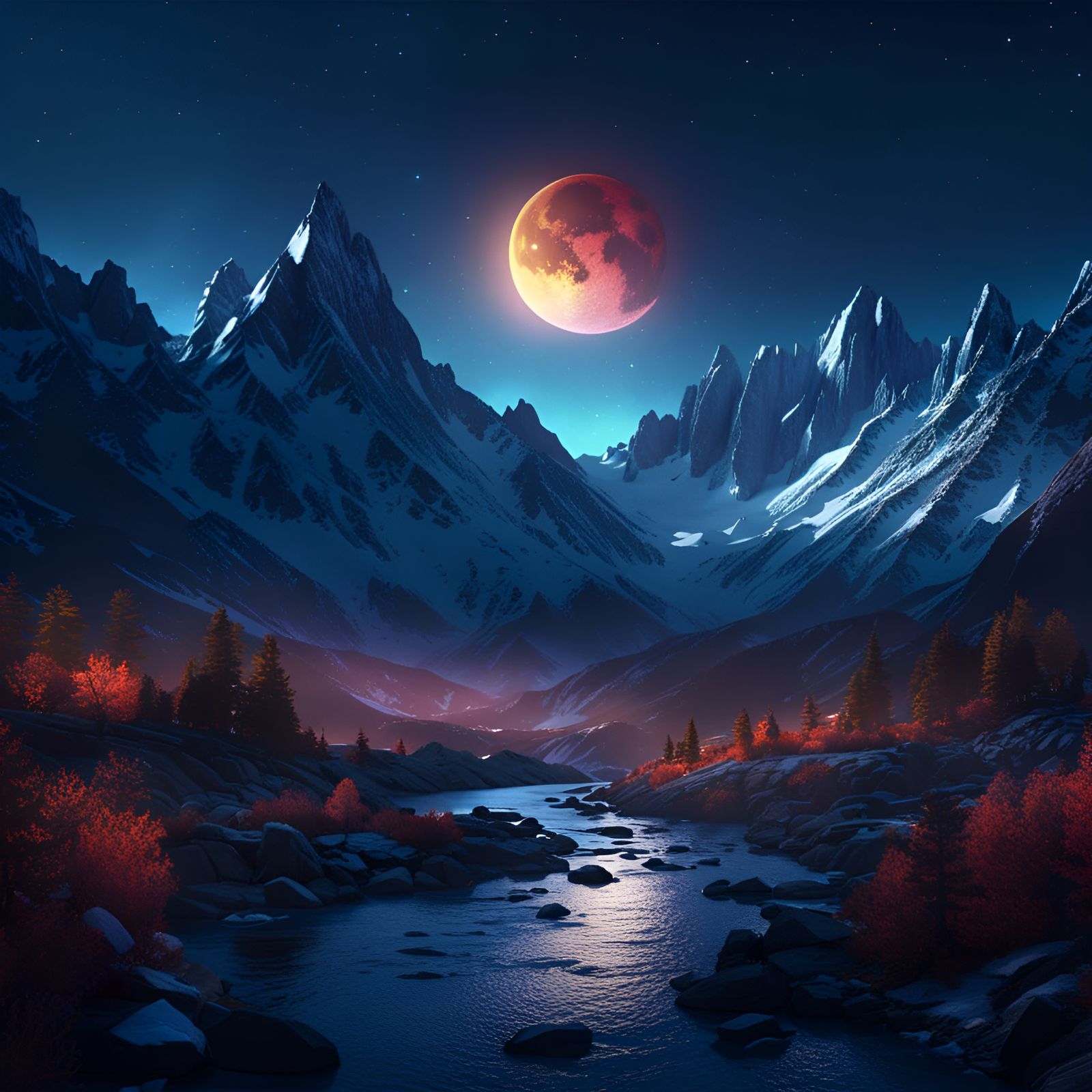 Moonlit Snowy Mountains in Detailed Matte Painting