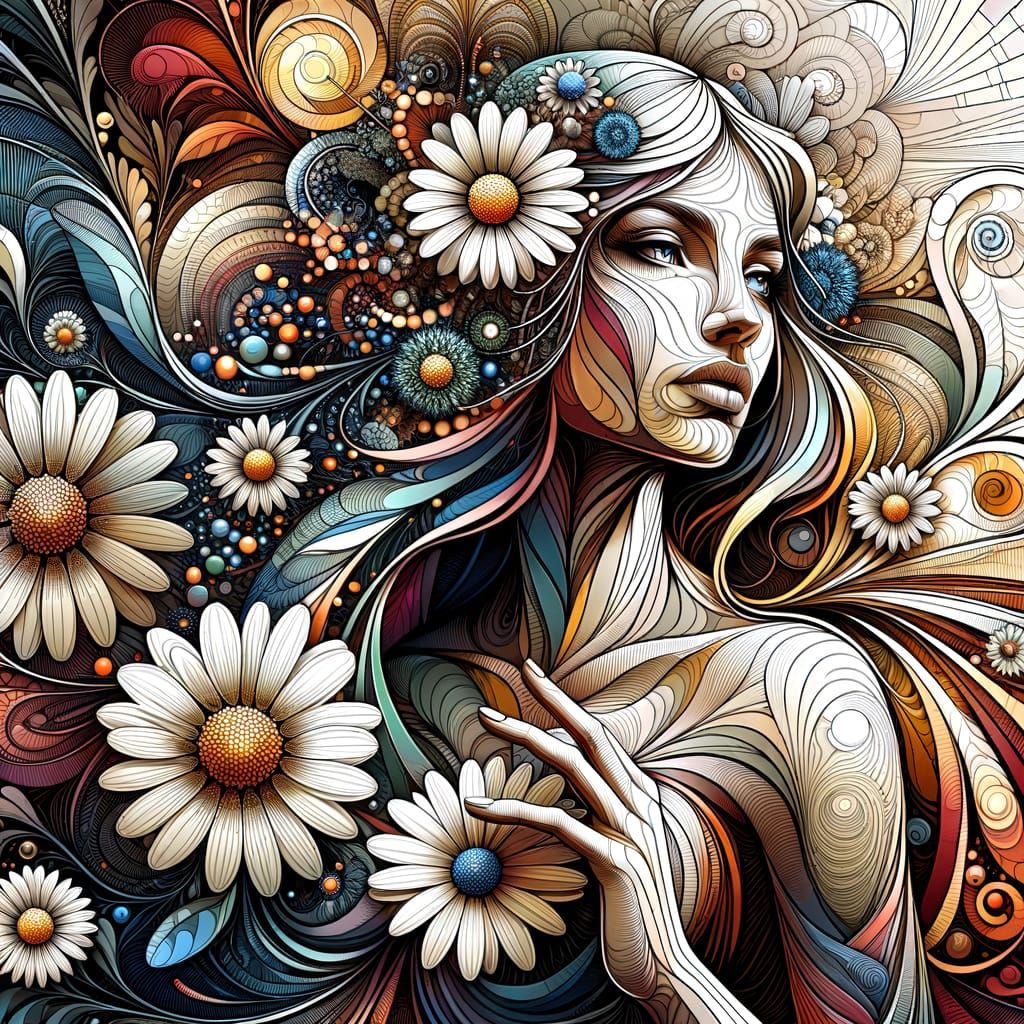Ethereal Goddess of Daisies in Vibrant Abstraction