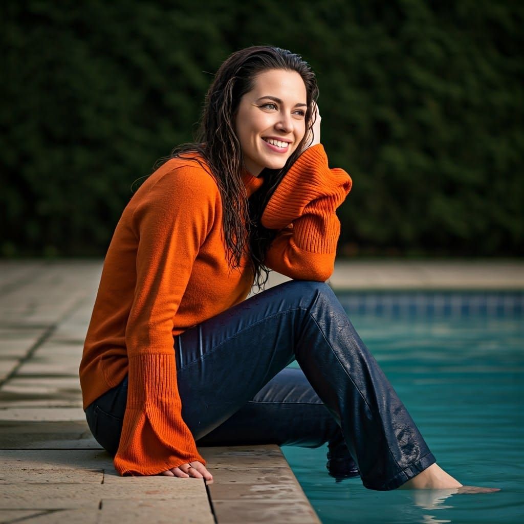 Brunette Woman Poolside on Autumn Evening, Photorealistic
