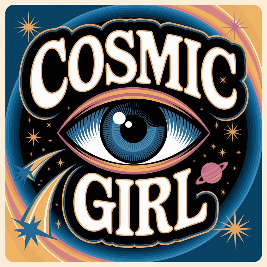 Psychedelic Cosmic Girl in 70s Rock Band Logo