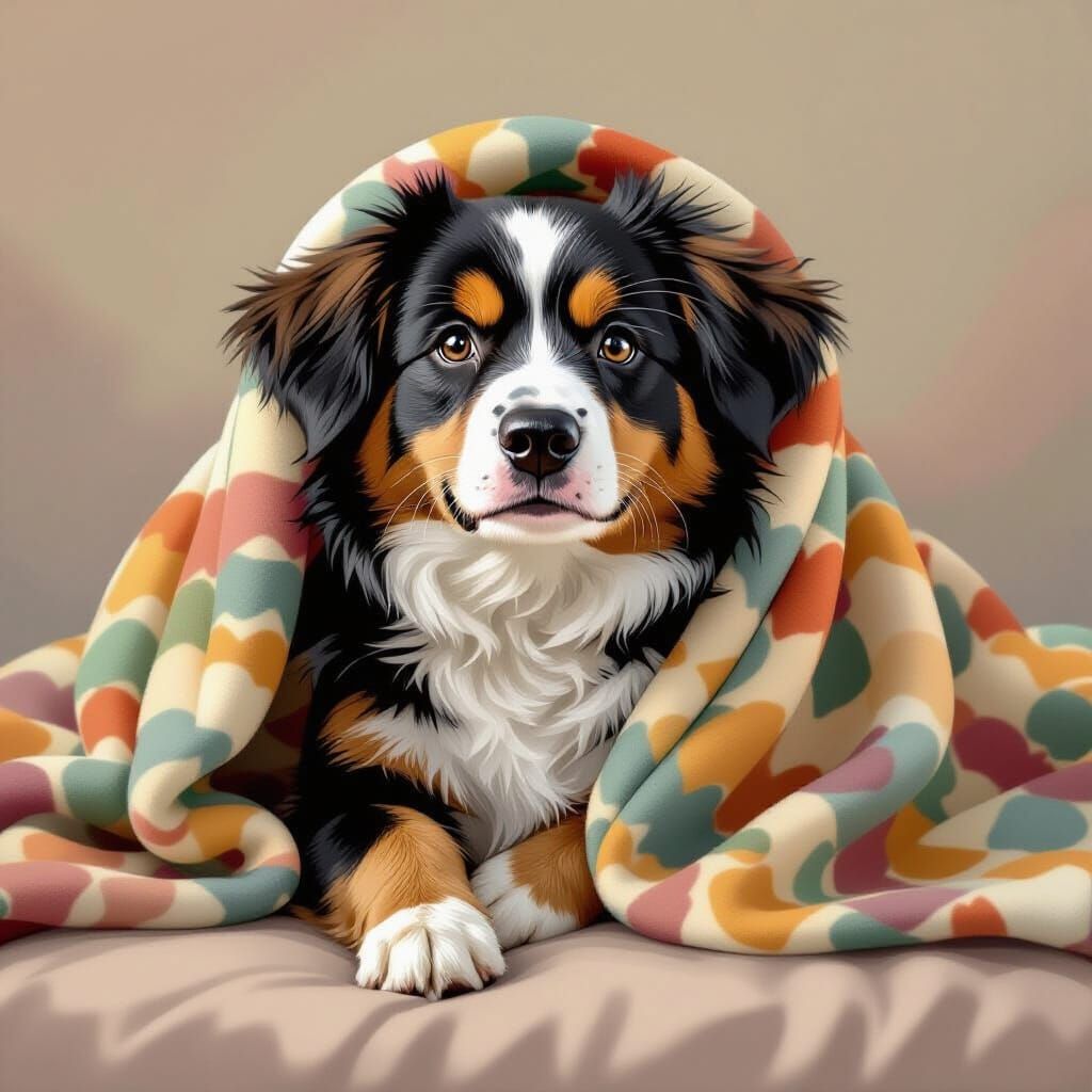 Embarrassed Dog Wrapped in Colorful Blanket
