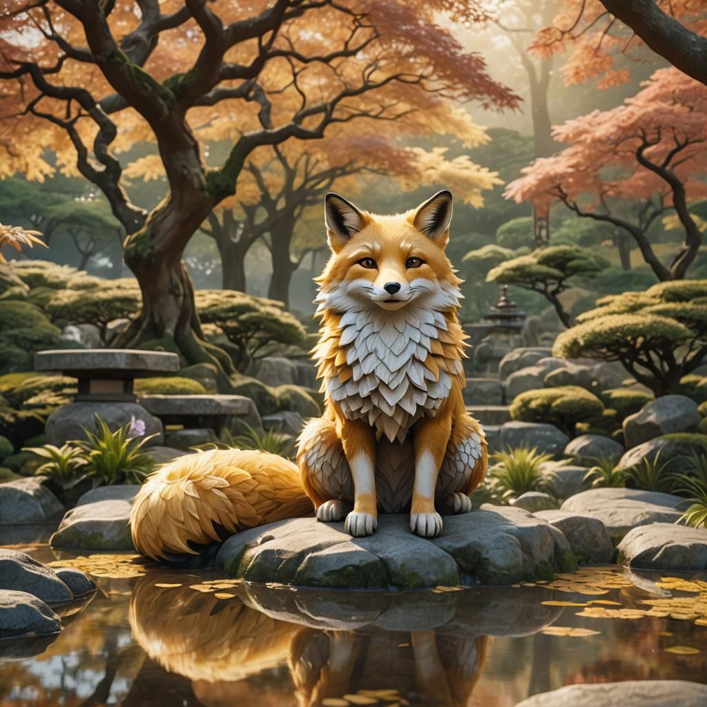 Golden Fox in Japanese Garden: 3D Anime Art