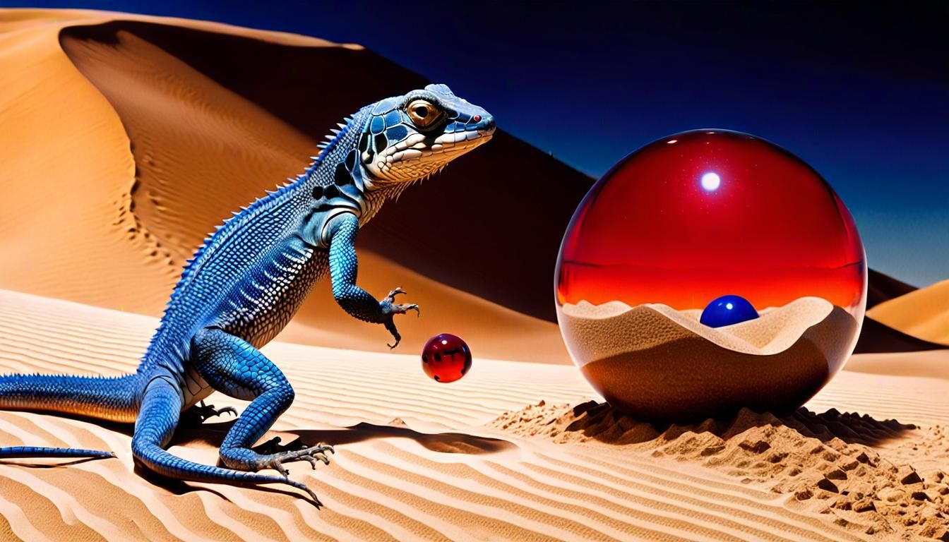 Surreal Lizard Disrupts Mimes in Desert Landscape