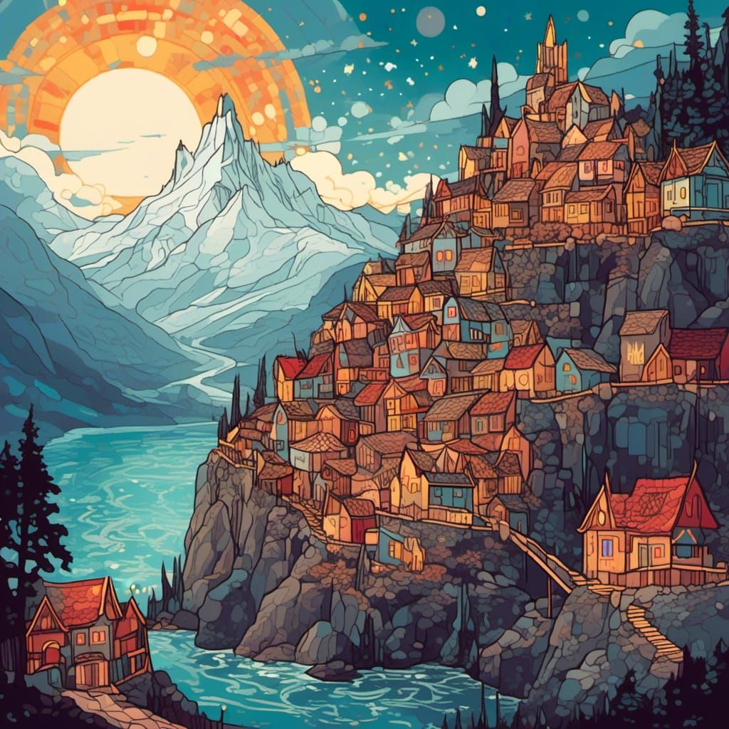 Snowy Medieval Village Vector Illustration