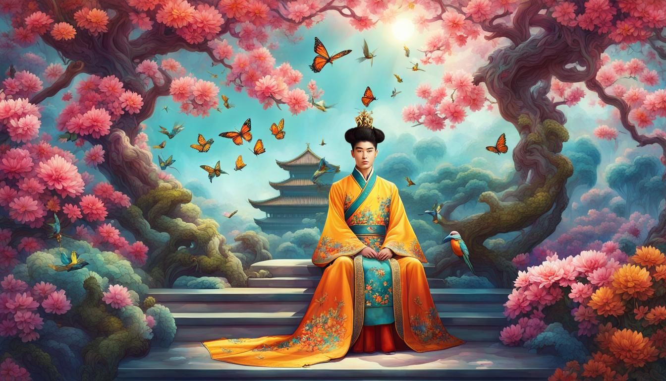 Qing Dynasty Prince Pruning Bonsai in Oriental Garden