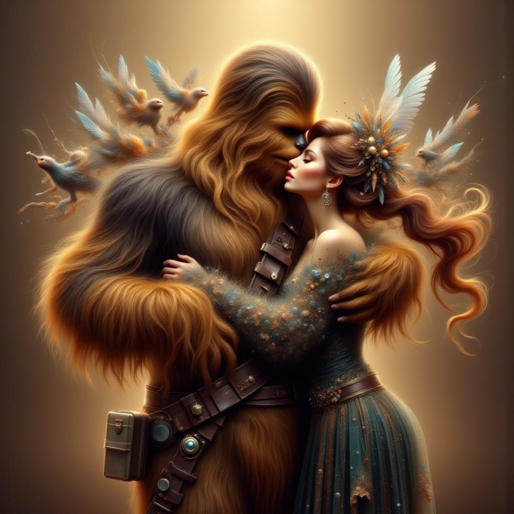 Chewbacca and Carrie Fisher Hugging in Ethereal Style