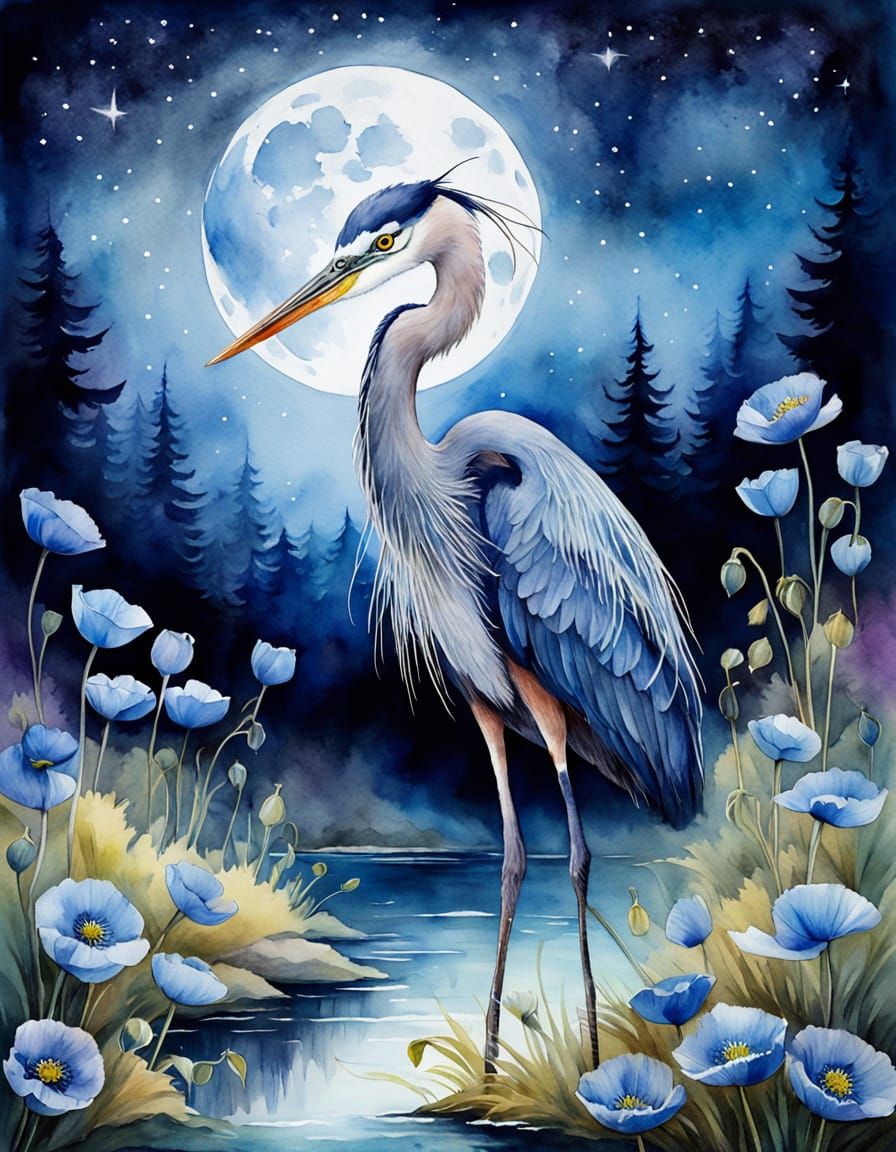 Blue heron and poppies