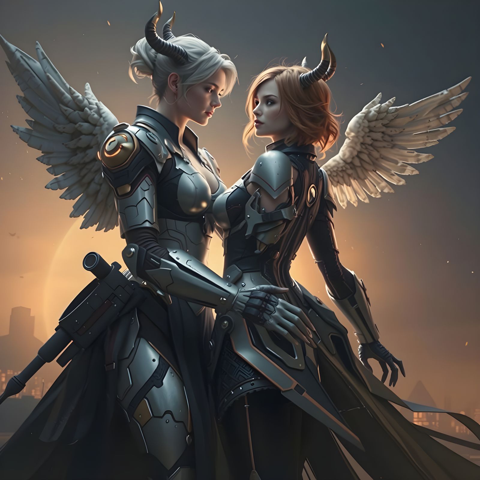 Epic Sci-Fi Angel and Devil Lovers in Polished Metal Mech