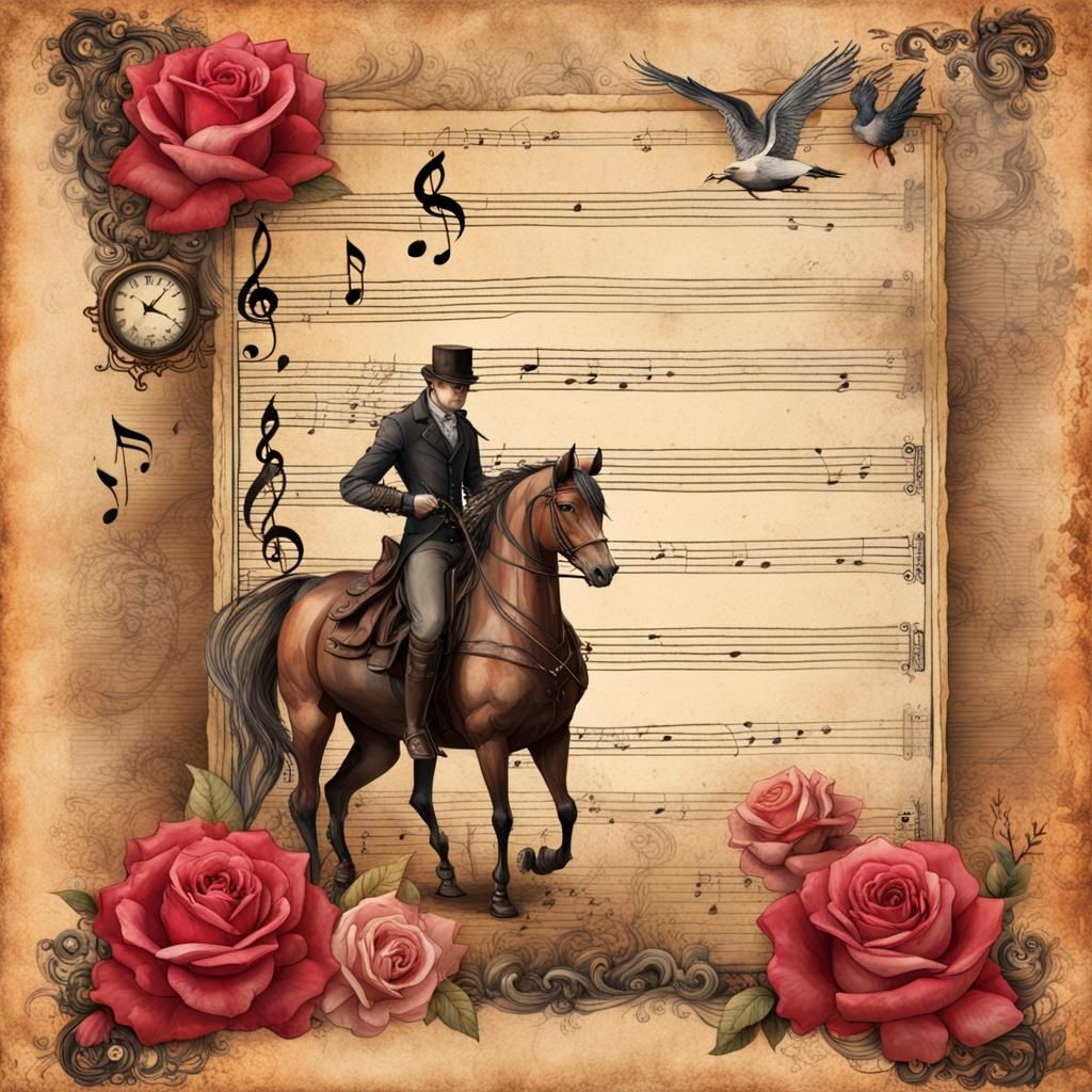 Steampunk Roses and Horses in Watercolor Style