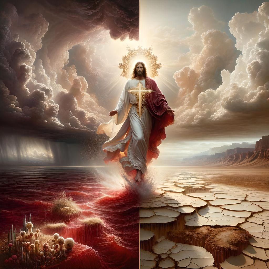 Biblical Figure Walking on Crimson Sea