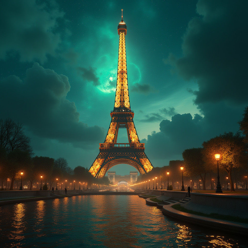 Mystical Eiffel Tower Nightscape in Matte Painting Style