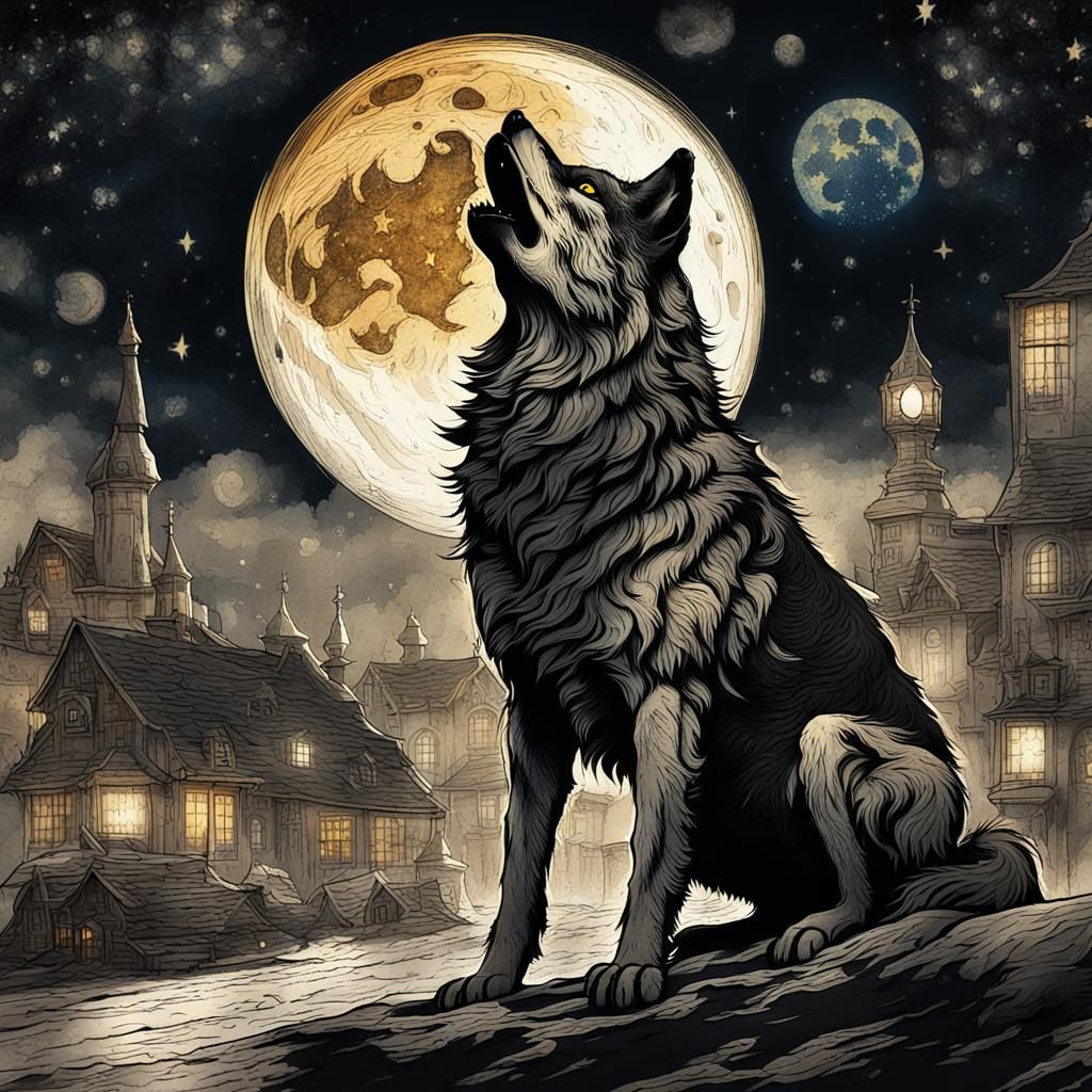 Wolf Howling at Moon in Steampunk Ink Painting