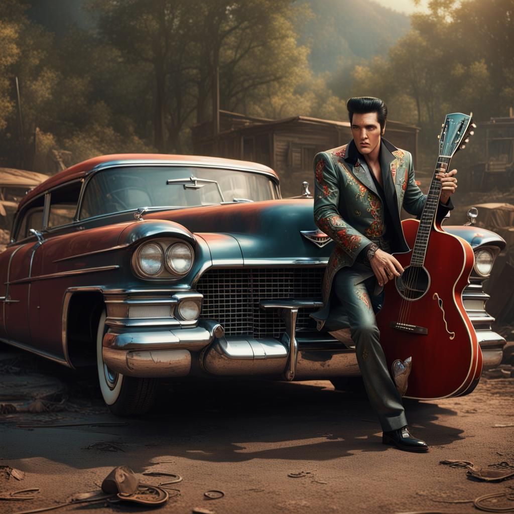 Elvis Presley with Cadillac, Matte Painting