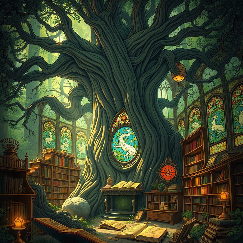 Enchanted Library Inside Ancient Tree, Art Nouveau