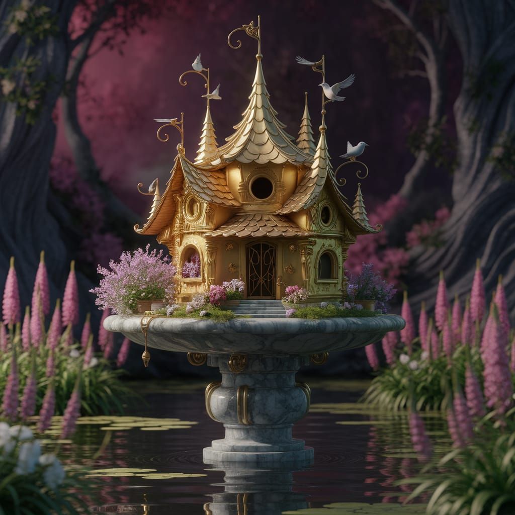 Golden Castle Birdhouse in Mystical Pond, Dark Fantasy Style