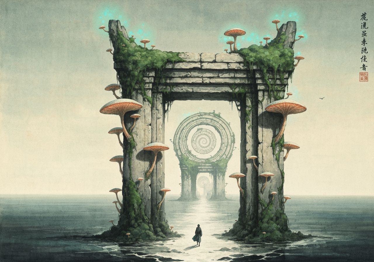 Surreal Ancient Gateway in Chinese Ink Style