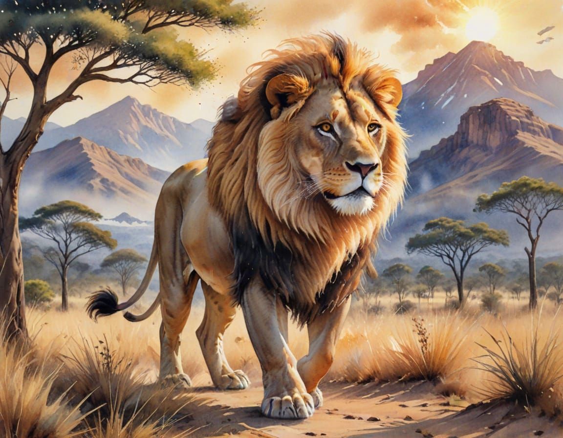Majestic Lion with Glowing Mane: Watercolour Painting
