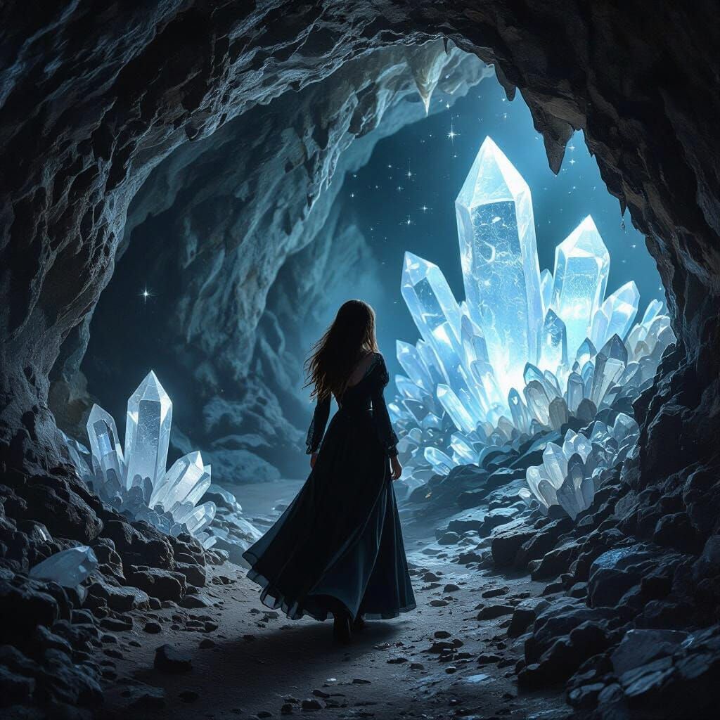 Mystical Cave with Glowing Crystals and Medieval Girl