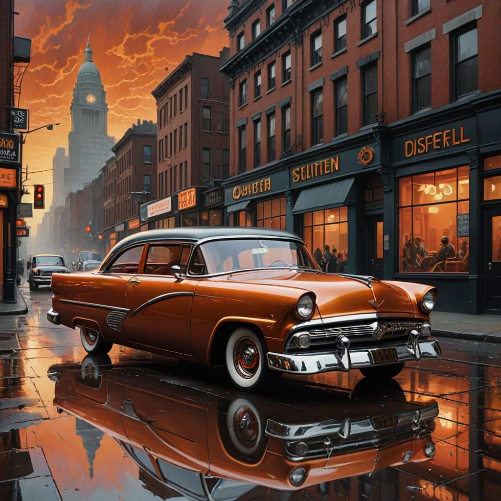 1955 Ford V8 Lowrider Hotrod in Vibrant Sunset Hues