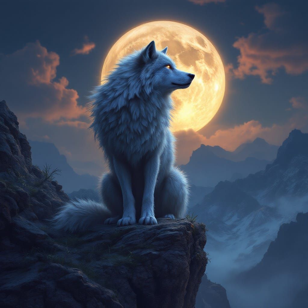 Majestic Wolf Basks in Pride under Full Moon Glow
