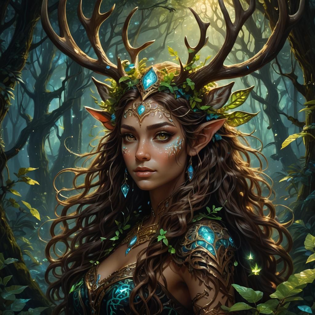 Fantasy Deer Elf Portrait with Bioluminescent Details