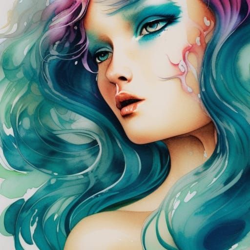 Big Wild Teal Hair in Liquid Gouache Style