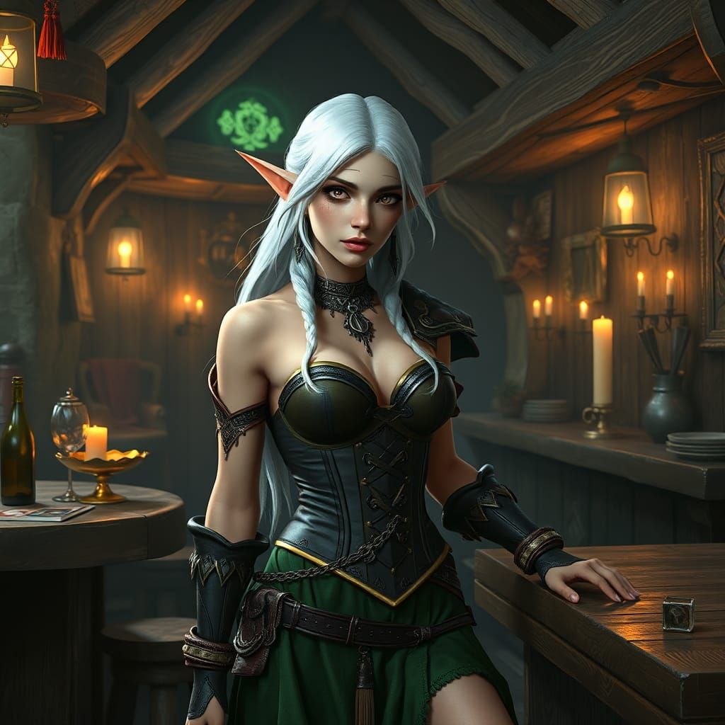 Wood-Elf Druid in Tavern: Fantasy Concept Art