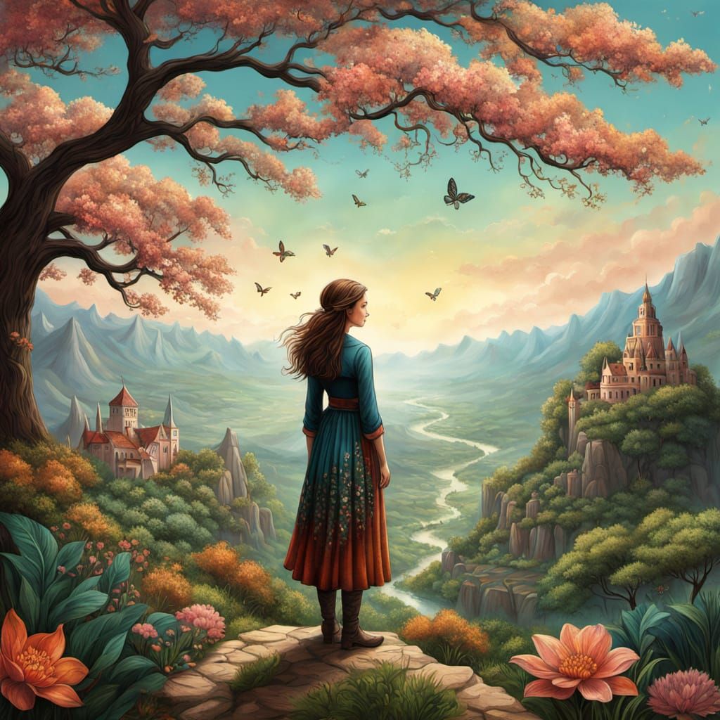 Tree-Woman Hybrid Overlooking Ancient Monastery, Surreal Dig...