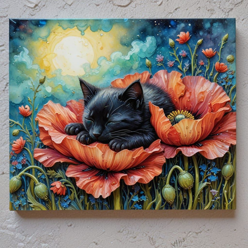 Whimsical Black Kitten Slumbers in Poppy Petals