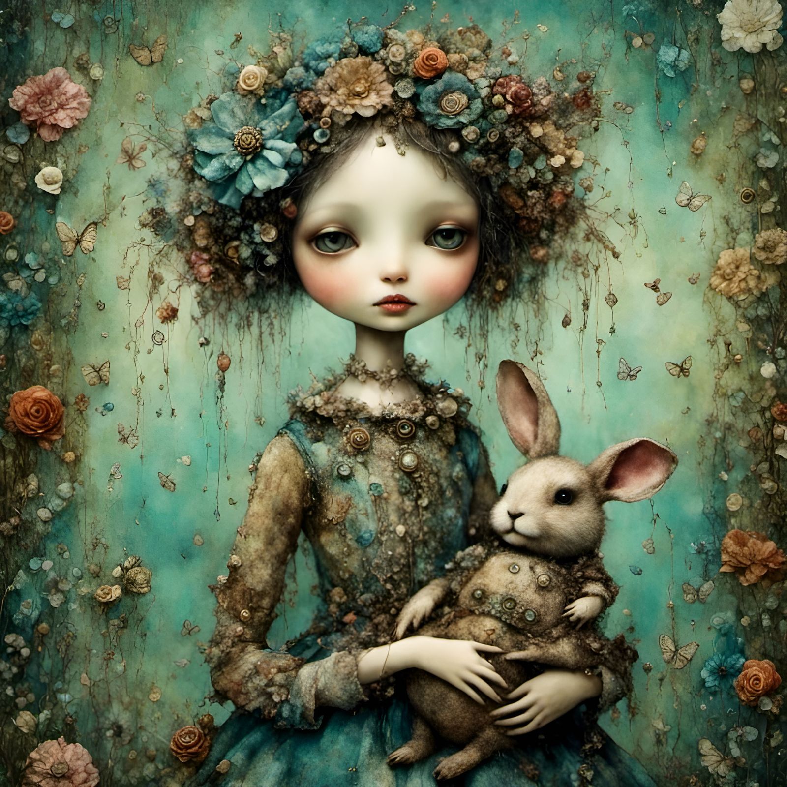 Whimsical Creature Portrait with Stuffed Rabbit
