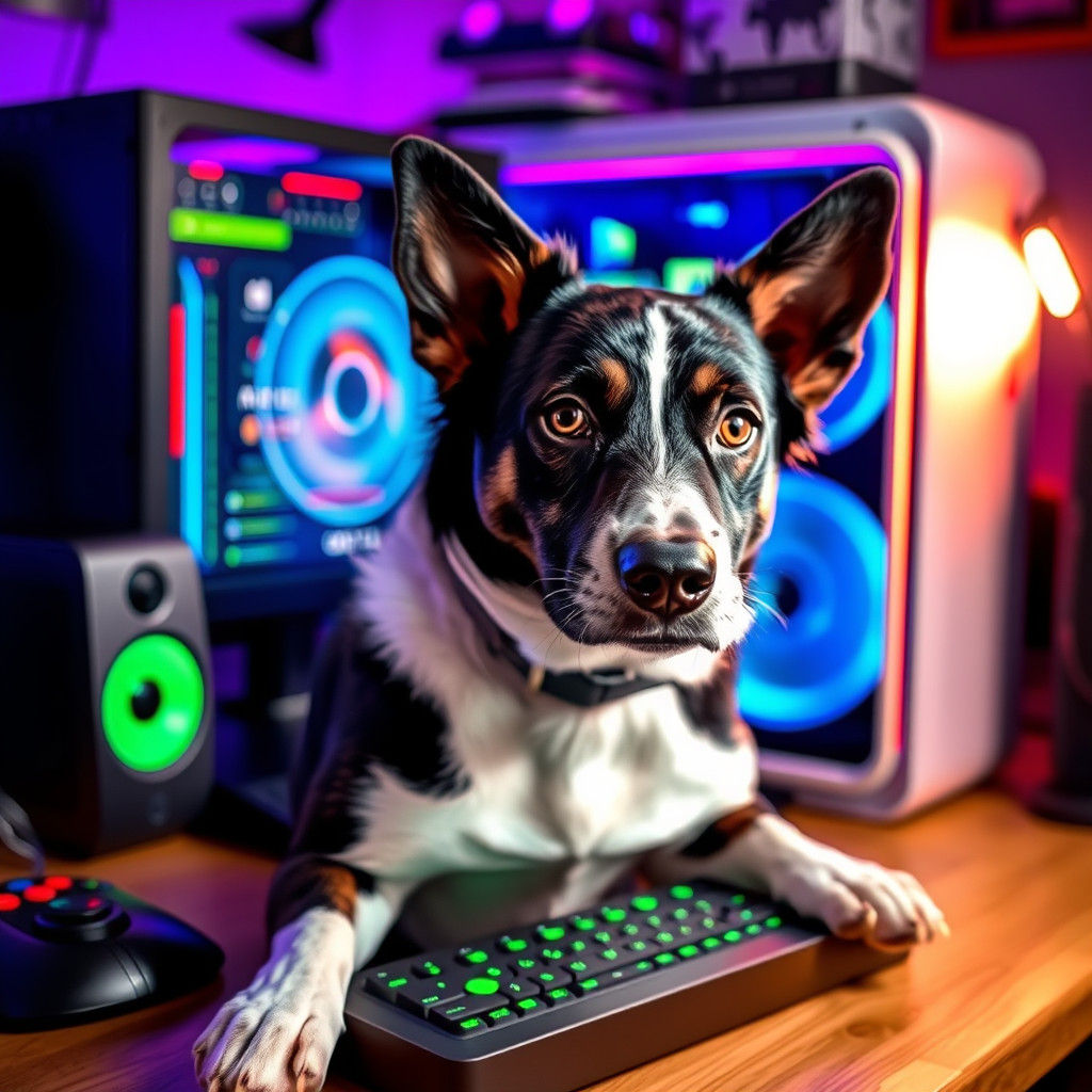 Dog on Gaming PC Setup