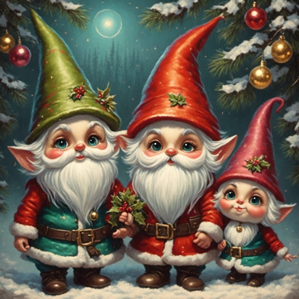 Whimsical Christmas Chibi Gnomes in Retro Style