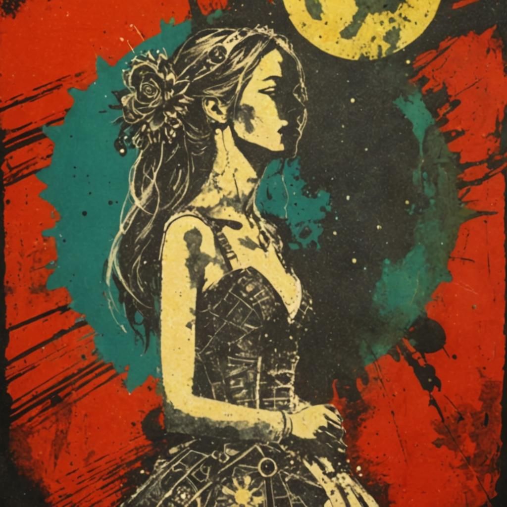 Solar Punk Bride in Monoprint Style