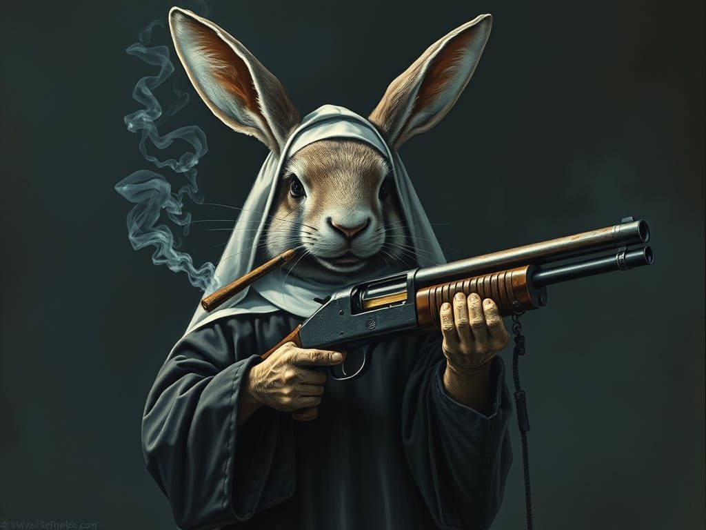 Cyberpunk Rabbit Icon Smokes Shotgun in Dark, Gritty Apocaly...